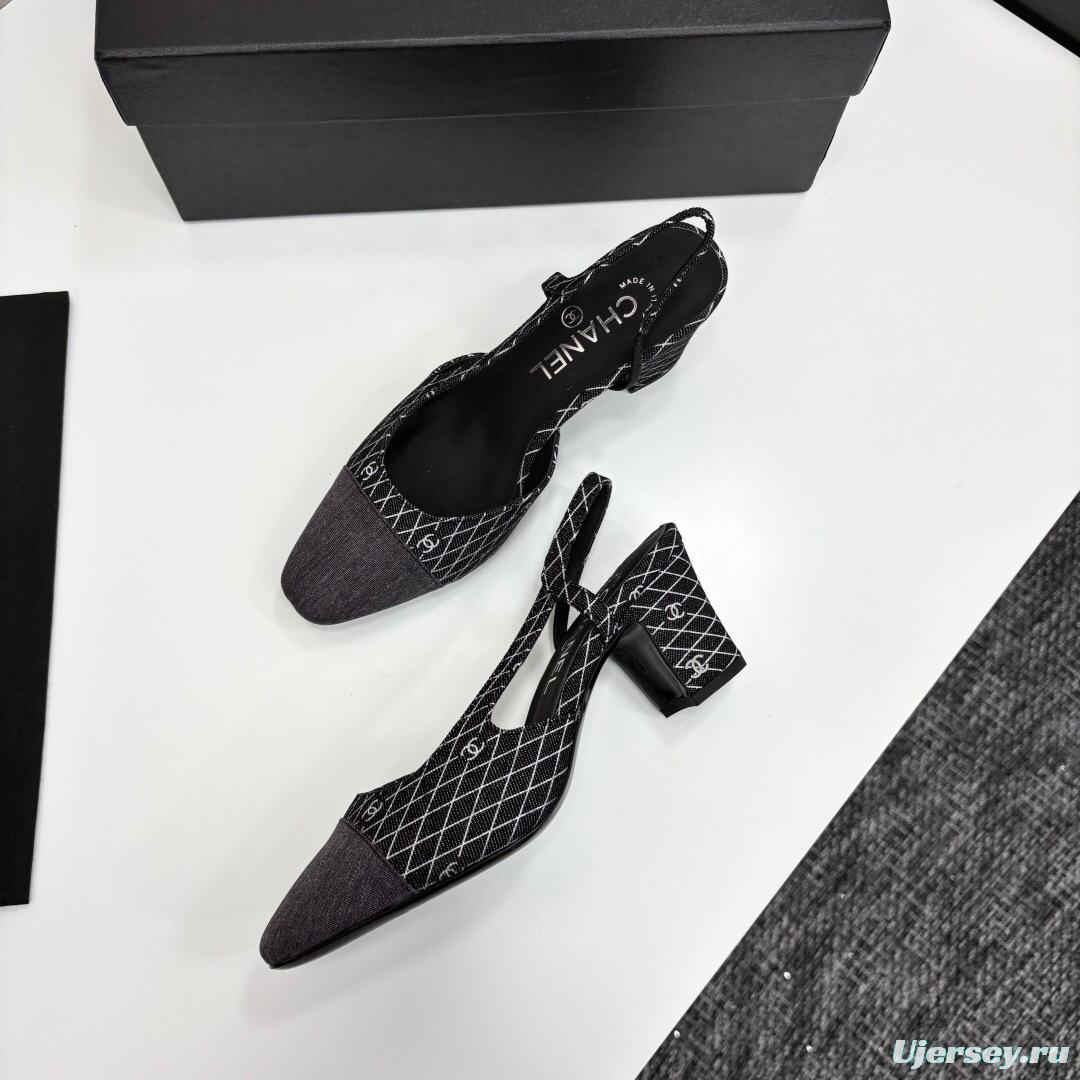 2025 Women Chanel Black White Fabric Slingback Heel LY00240