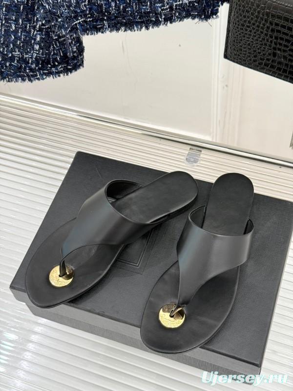 2025 Slippers Yves Saint Laurent Black Leather Slippers KFY00270