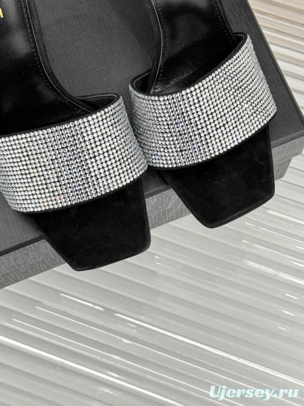 2025 Women Yves Saint Laurent Black Silver Crystal Leather Heeled Slippers LY00300