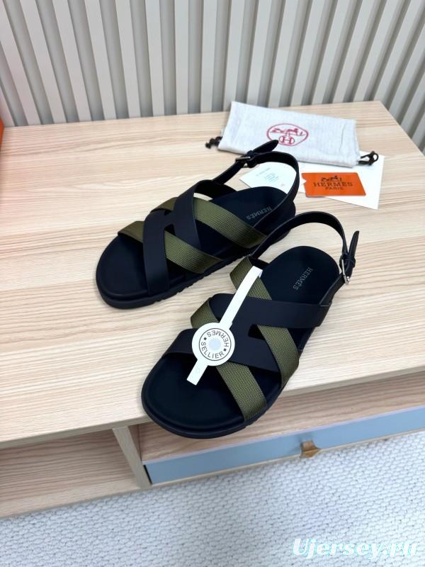 2025 Women Hermès Black Green Leather Nylon Sandals LY00270