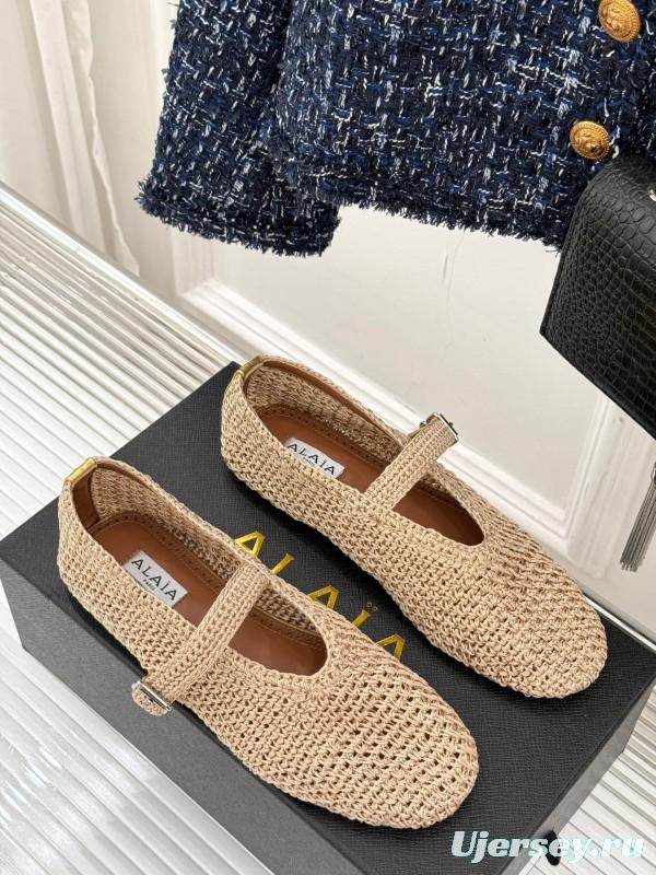 2025 Women AlAIA Beige Woven Leather Mary Jane Shoes