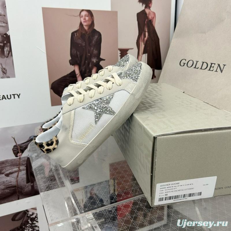 2025 Women GGDB White Silver Leather Glitter Sneakers