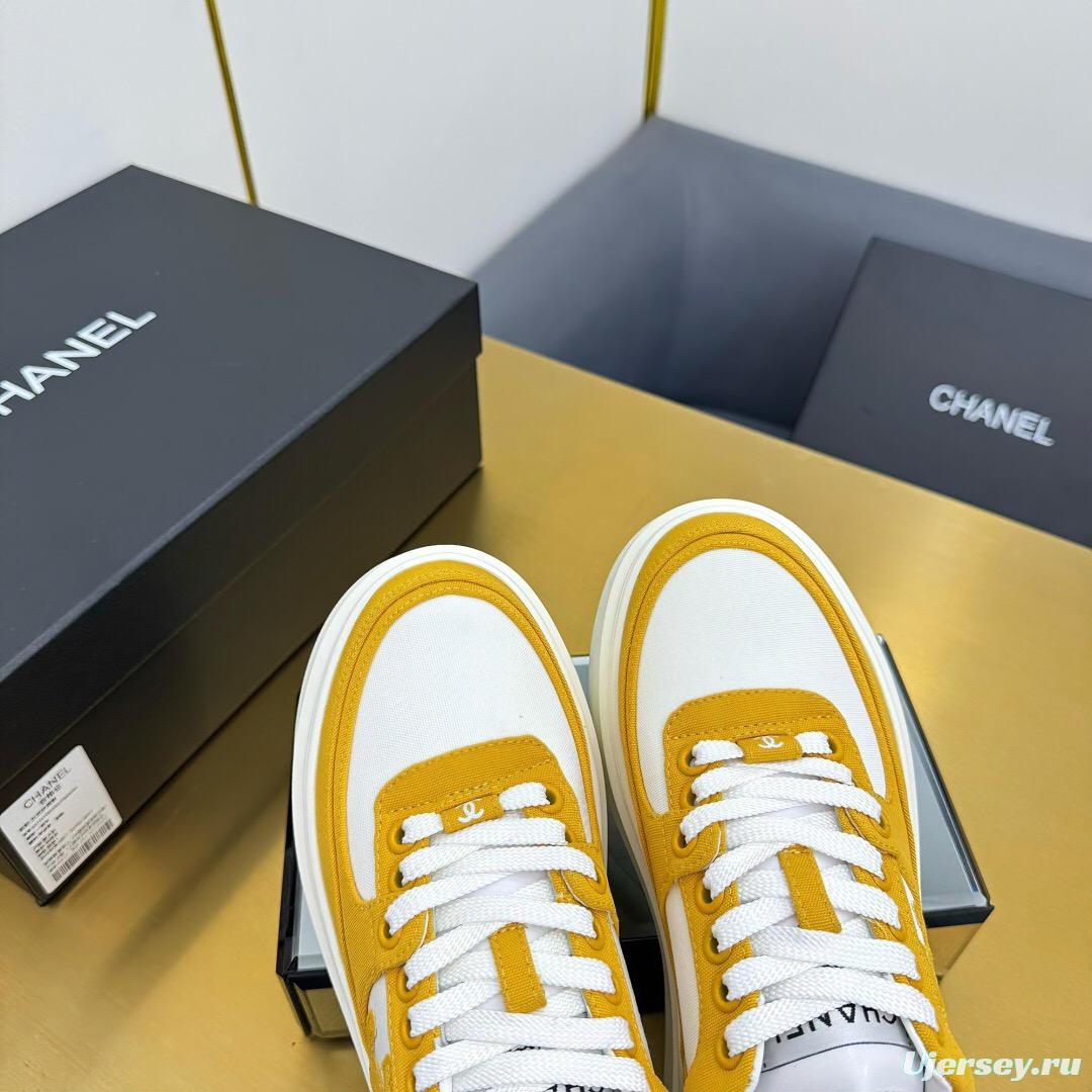 2025 Women Chanel Yellow White Canvas Leather Platform Sneakers