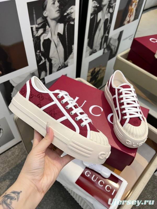 2025 Women Gucci Burgundy Canvas Rubber Sole Thick Platform Sneakers Handcrafted LY00270