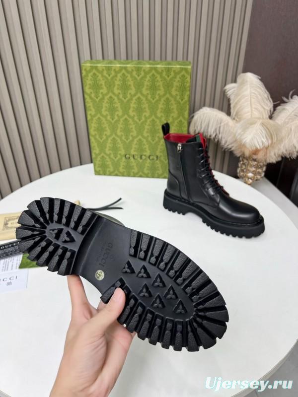 2024 Women Gucci Black Leather Lace-Up Combat Boots Red Green Web MJ00340