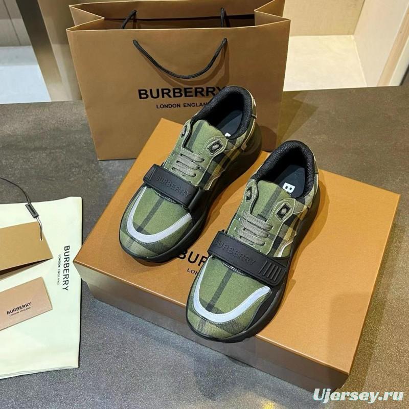 2025 Unisex Burberry Green Black Cotton Calfskin Suede Sneakers MJ00360(W)
