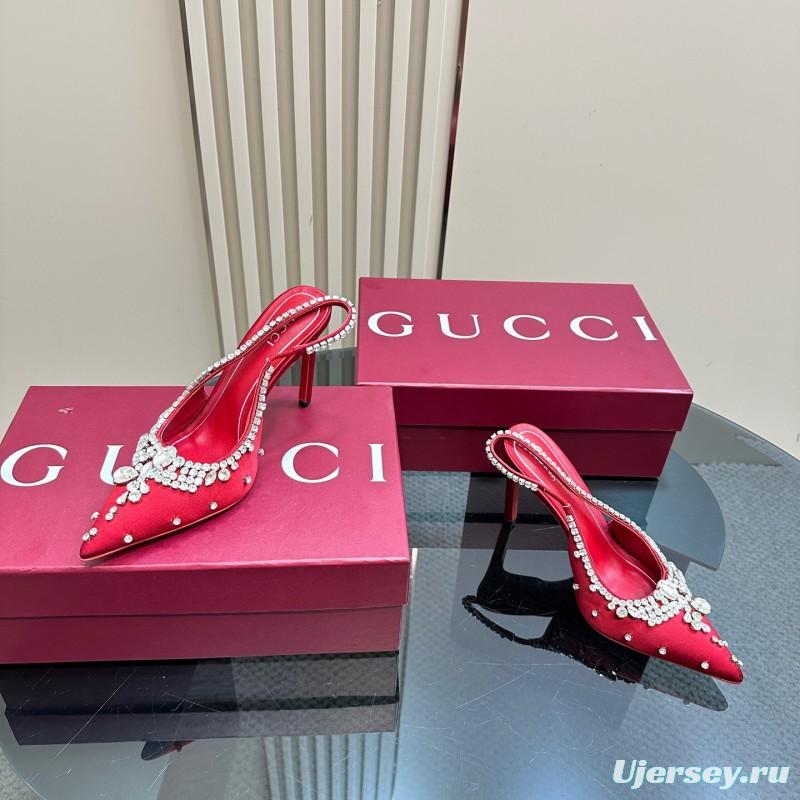 2025 Women Gucci Red Silk Rhinestone Embellished Heels KFY00340