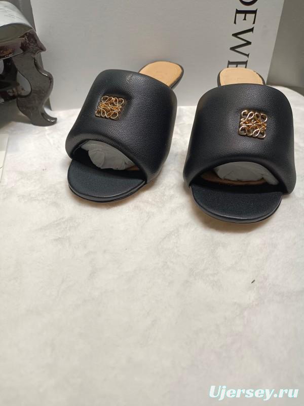 2025 Women Loewe Black Leather Slippers