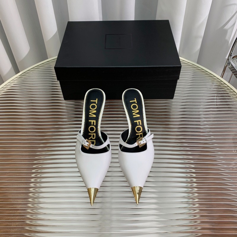 2025 Women TOM FORD White Gold Leather Pointed Toe Mules
