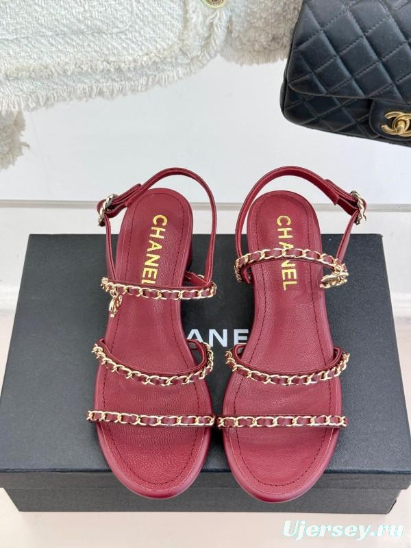 2025 Women Chanel Red Leather Chain Strap Sandals KFY00270