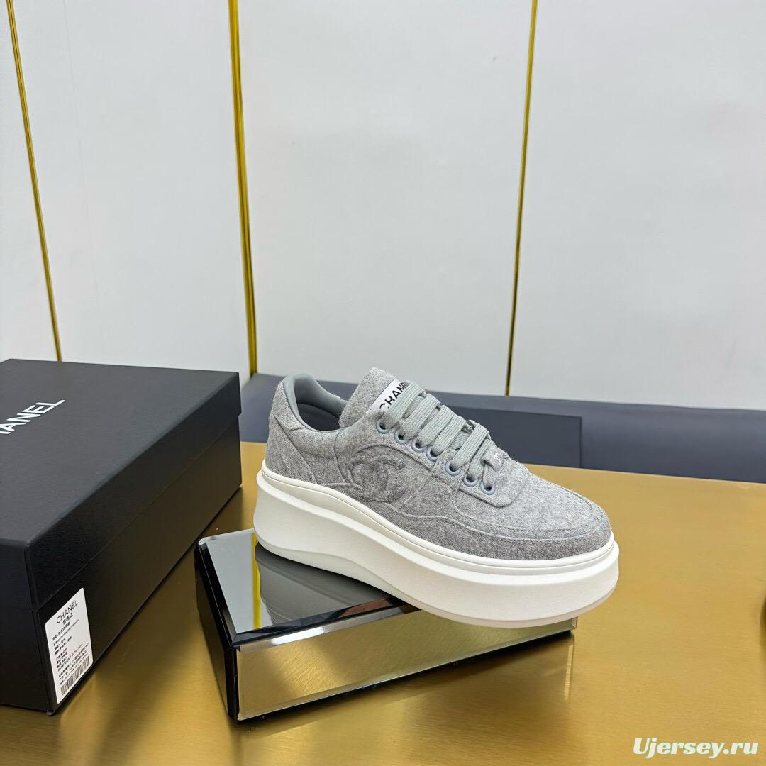 2025 Women Chanel Grey Wool Platform Sneakers