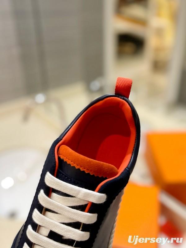 2024 Unisex Hermès Navy Red White Imported Glazed Calf Suede Rain Velvet Sneakers MJ00320
