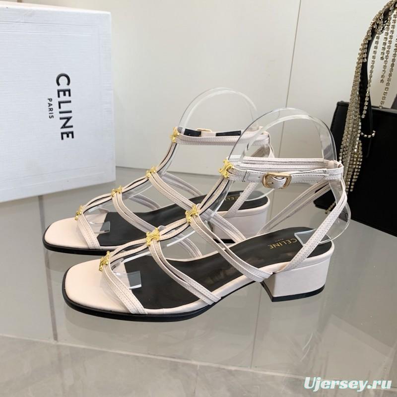 2025 Women CELINE White Leather Sandals Metal Detail KFY00300