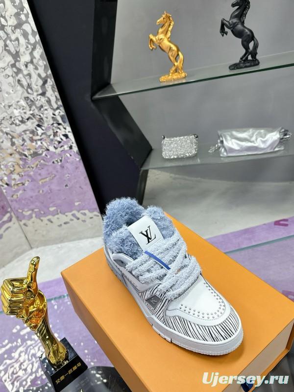 2024 Women Louis Vuitton White Grey Leather Fur Sneakers