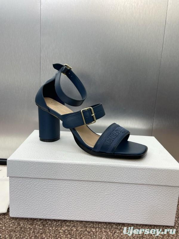 2025 Women Dior Navy Blue Leather Sandals Ankle Strap KFY00310