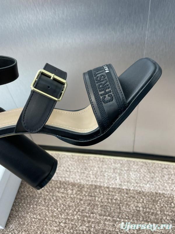 2025 Women Dior Black Leather High Heel Sandals KFY00310