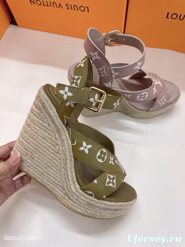 2025 Women Louis Vuitton Pink Beige Green Leather Denim Espadrilles Sandals MJ00280