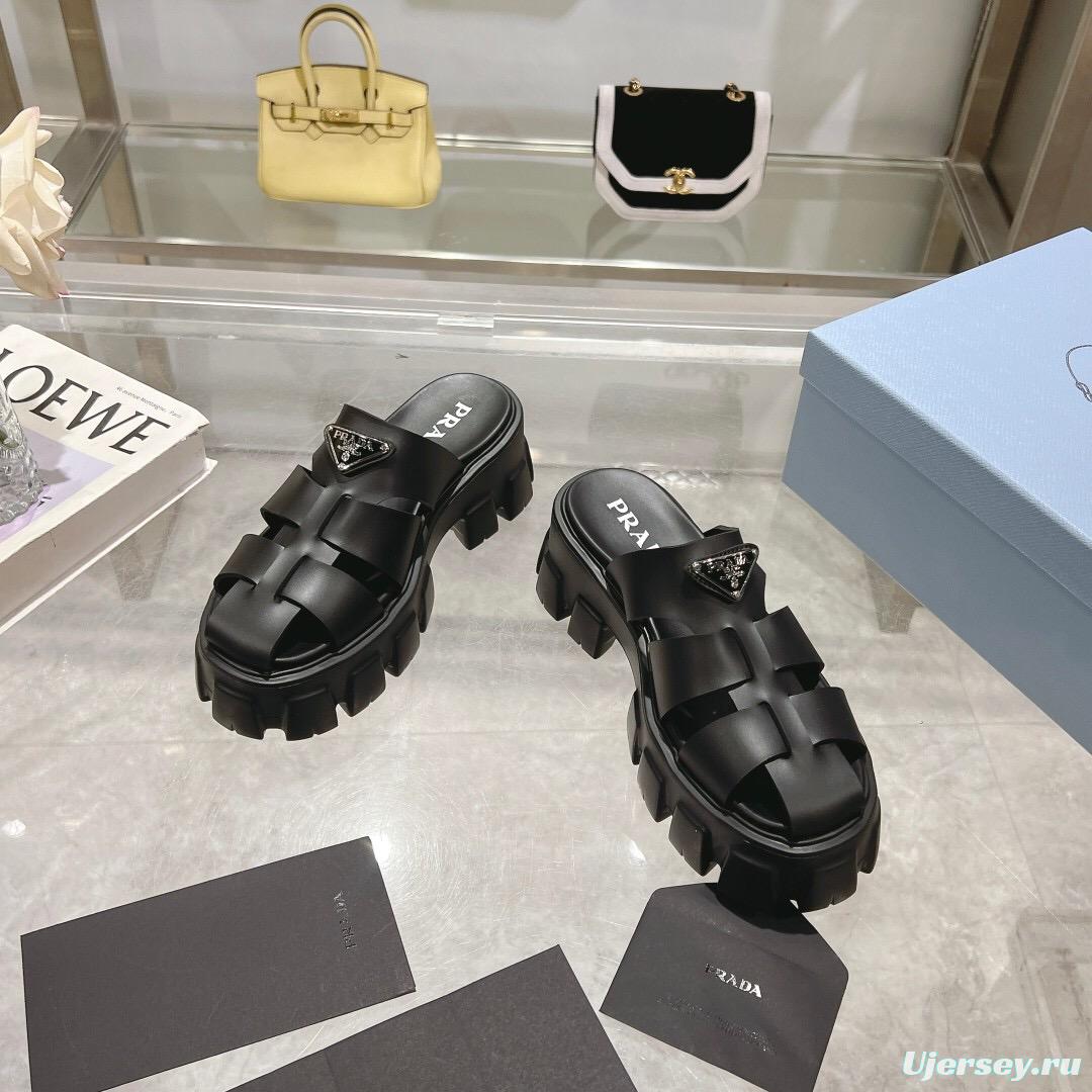 2025 Women Prada Black Leather Slingback Sandals LY00250