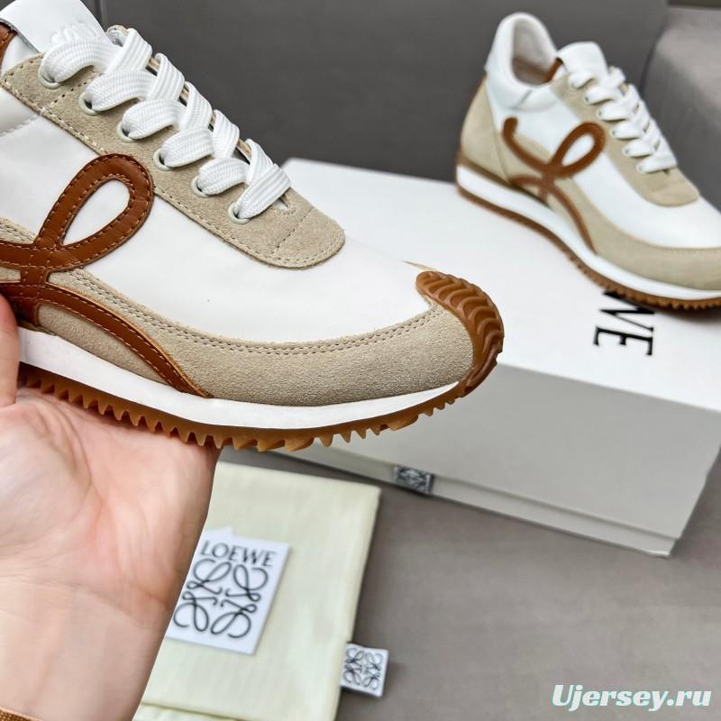 2025 Unisex Loewe White Beige Brown Leather Fabric Sneakers LY00270