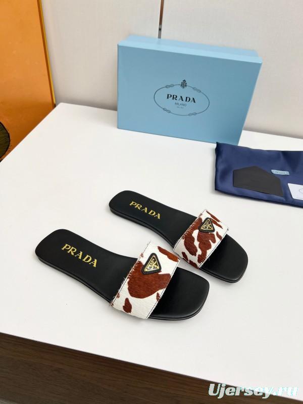 2025 Women Prada Brown White Calf Hair Leather Slippers LY00220