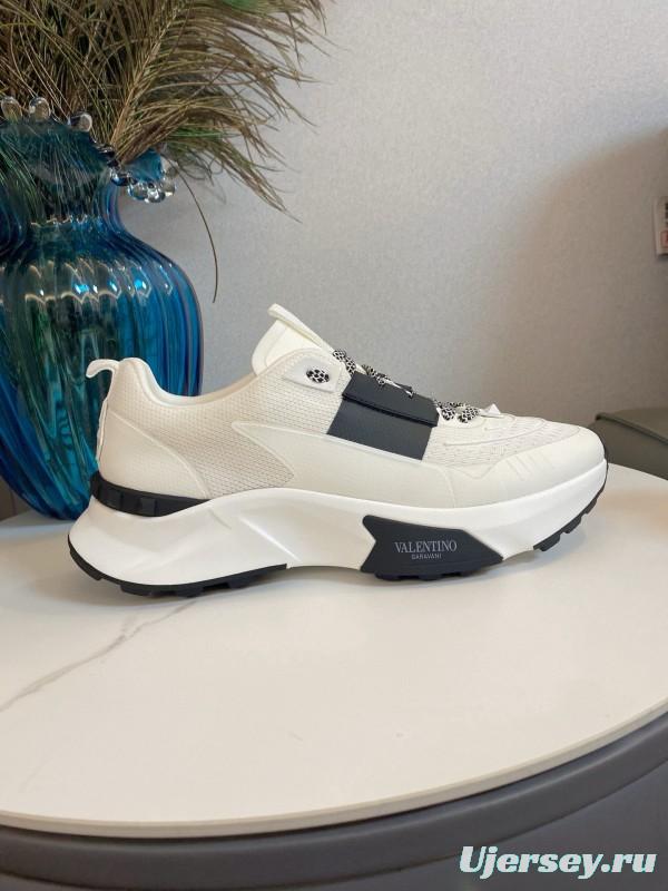 2024 Unisex Valentino White Black Leather Mesh Sneakers 