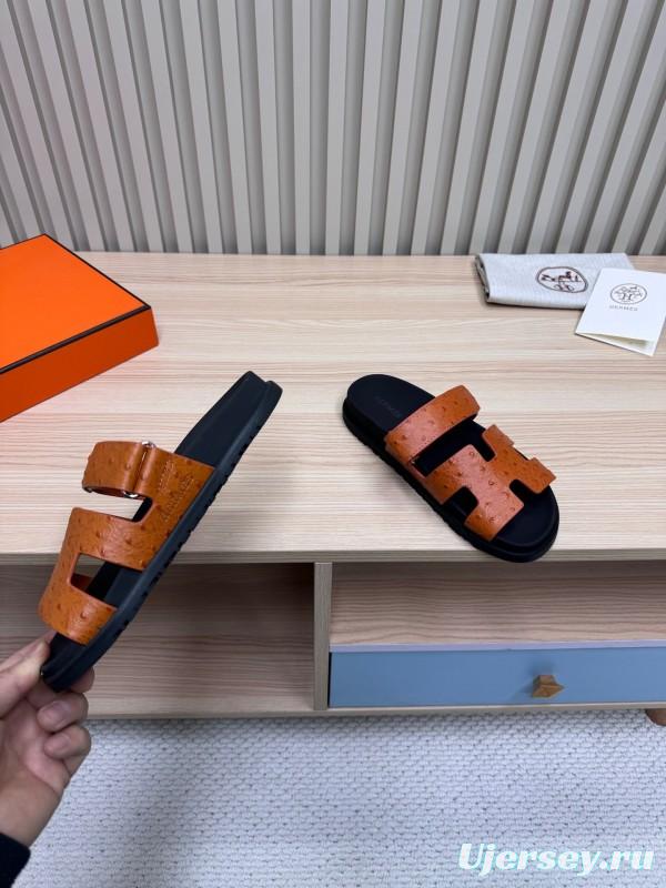 2025 Women Hermès Brown Black Leather Slippers