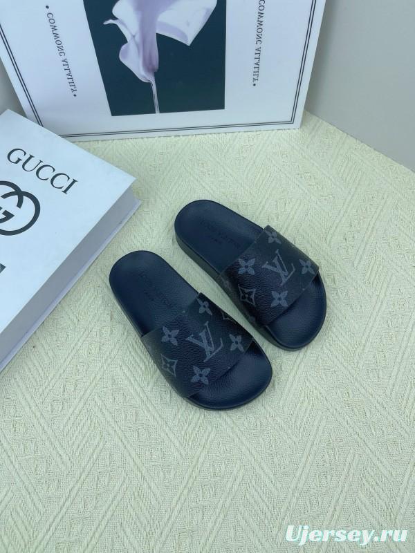 2025 Kids Louis Vuitton Brown Black Leather Slippers