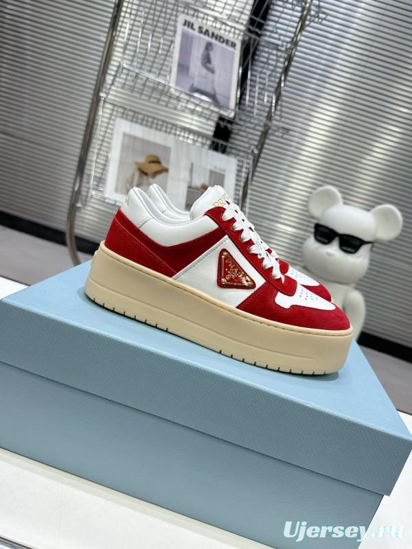 2025 Women Prada Red White Leather Sneakers KFY00310