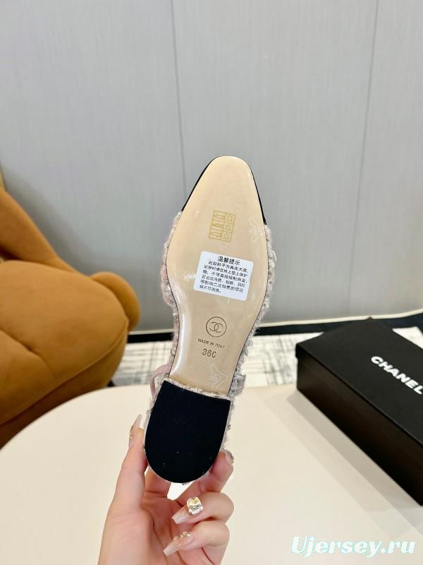 2025 Women Chanel Pink Black Mixed Leather Tweed Slingback Flats