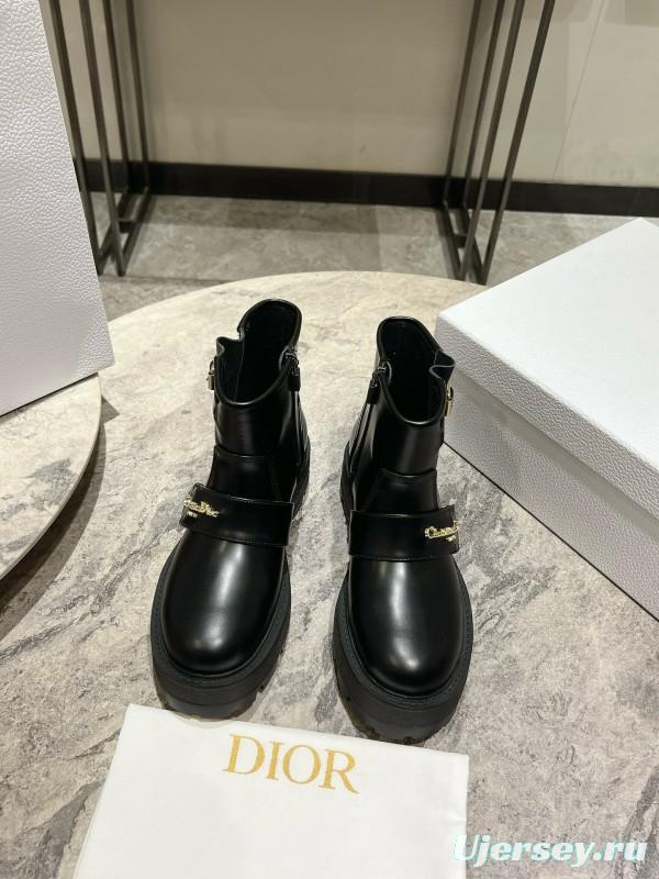 2024 Women Dior Black Leather Ankle Boots Buckle MJ00430