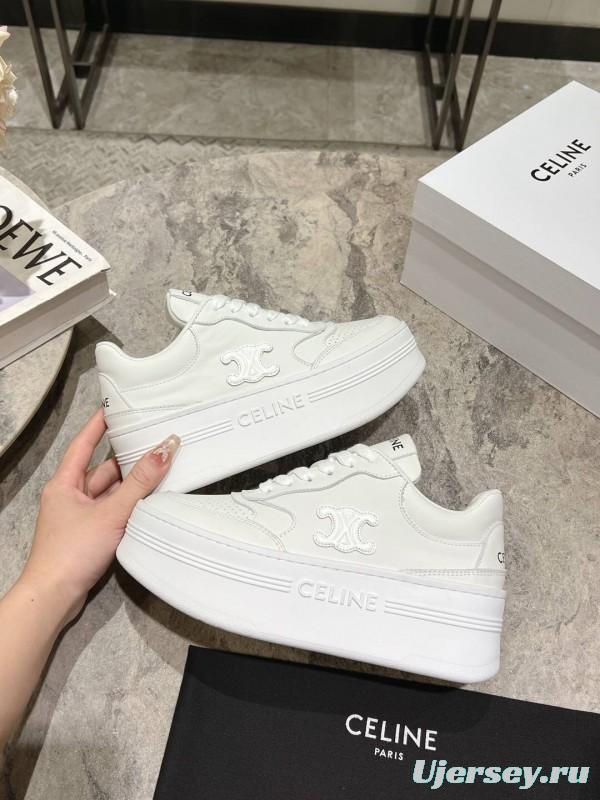 2025 Women Celine White Leather Platform Sneakers