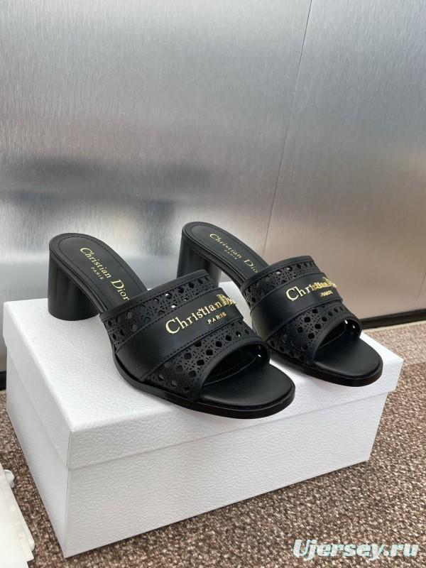 2025 Women Dior Black Leather Slippers KFY00310