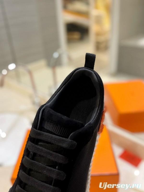 2024 Unisex Hermès Black Imported Silk Glazed Calf Suede Synthetic Fabric Sneakers MJ00320