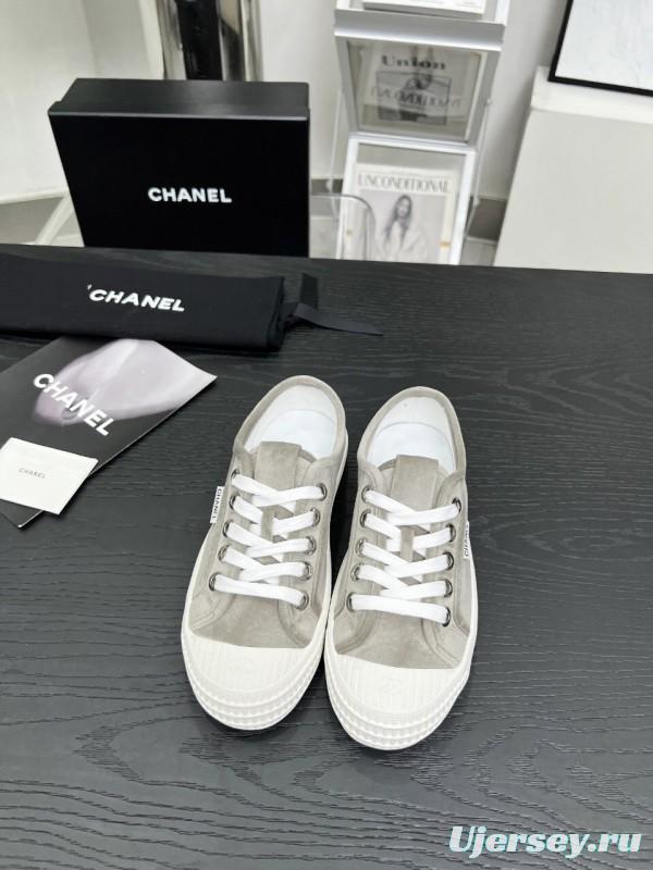 2025 Women Chanel Grey Canvas Leather Casual Sneakers LY00230