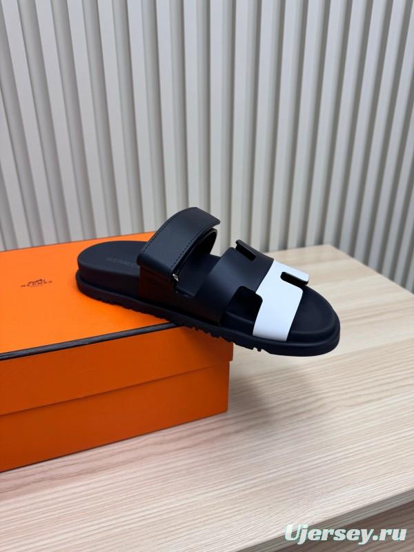 2025 Slippers Hermès Black White Leather Slippers