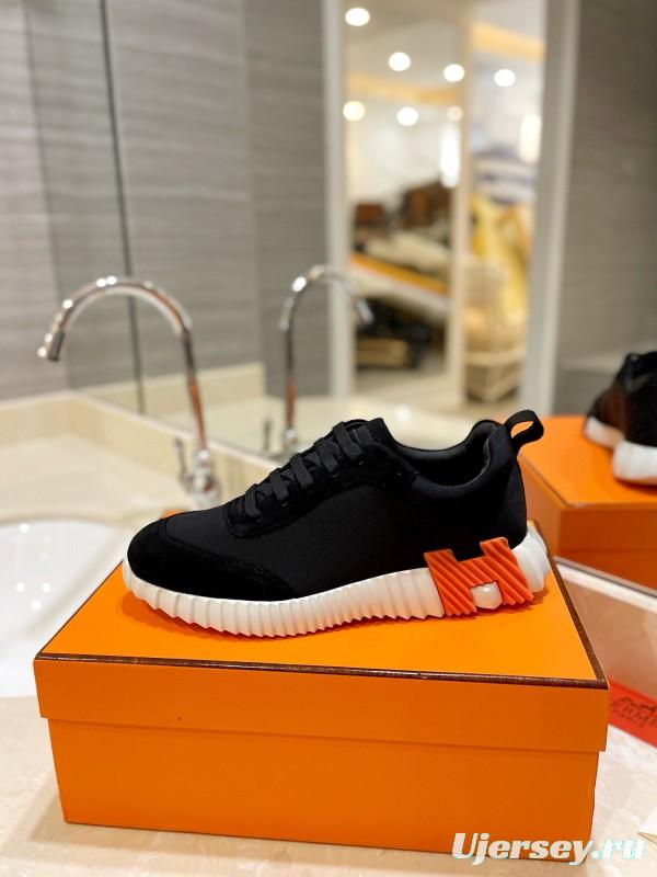 2024 Unisex Hermès Black Orange Glossy Calfskin Nylon Sneakers MJ00320