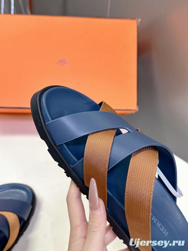 2025 Slippers Hermès Blue Brown Leather Slippers