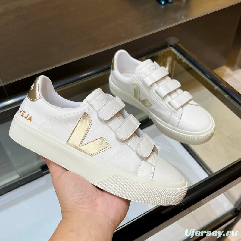2025 Women VEJA White Gold Leather Strap Sneakers