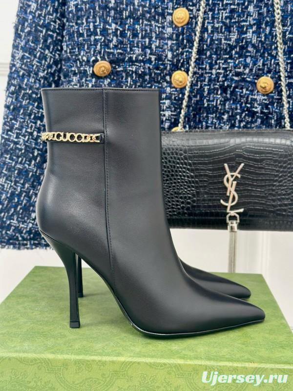 2024 Women Gucci Black Calfskin Leather Ankle Boots Chain MJ00410