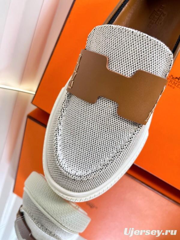 2025 Unisex Hermès White Brown Leather Fabric Loafers