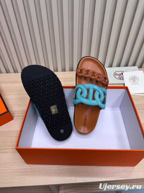 2025 Slippers Hermès Blue Brown Leather Slippers