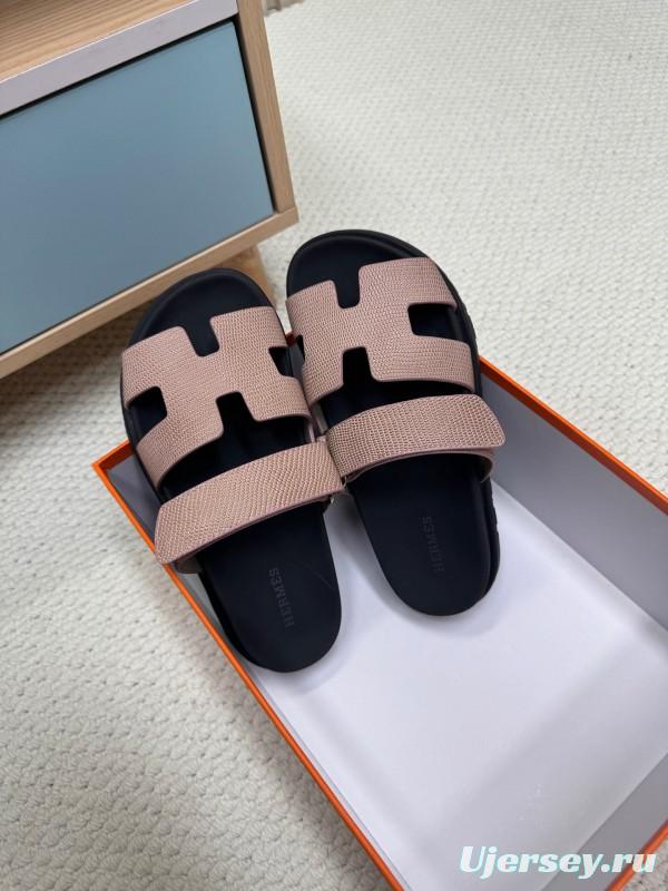 2025 Women Hermès Beige Black Leather Slippers