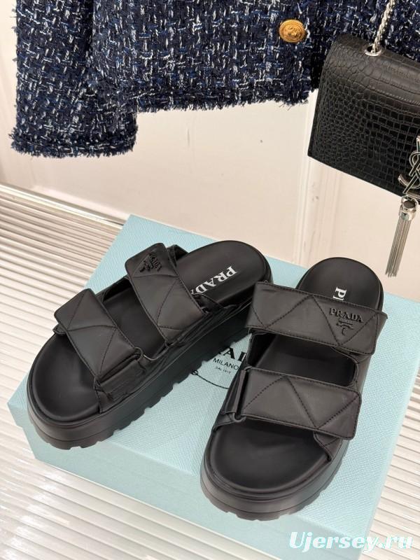 2025 Women Prada Black Leather Slippers