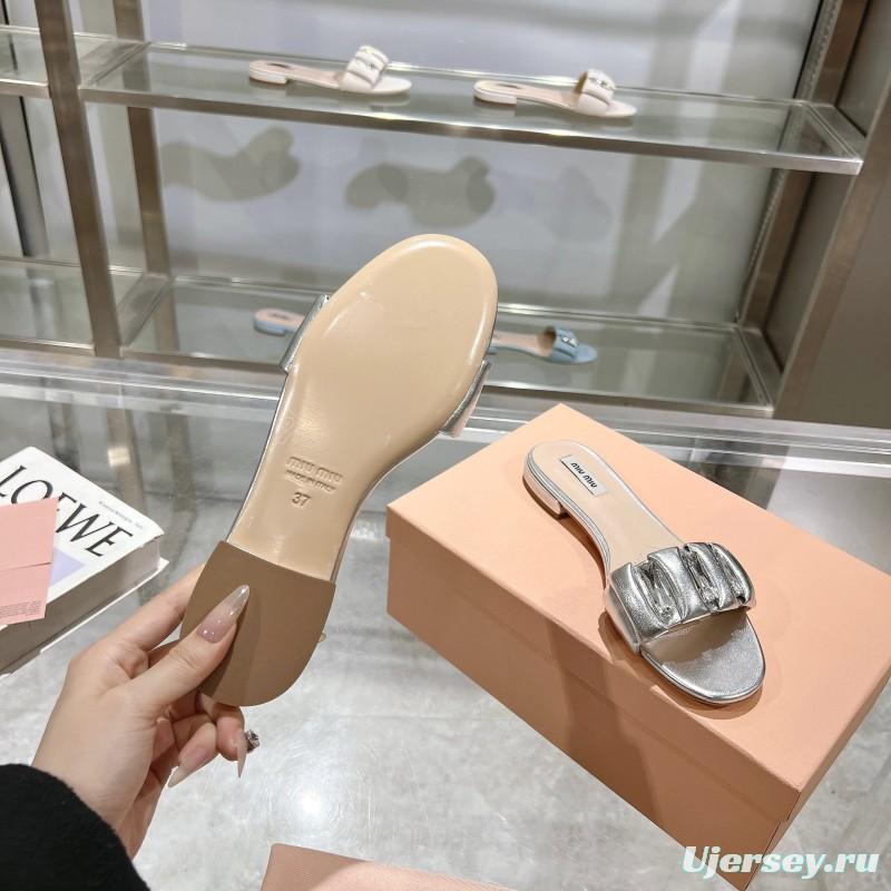 2025 Women Miumiu Silver Metallic Leather Slippers