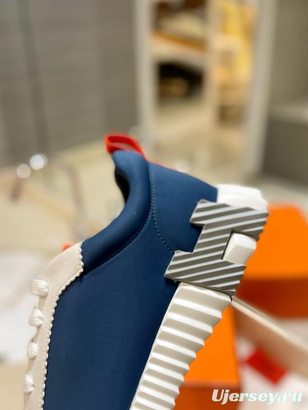 2024 Unisex Hermès Blue White Orange Imported Silk Lambskin Nubuck Sneakers MJ00320