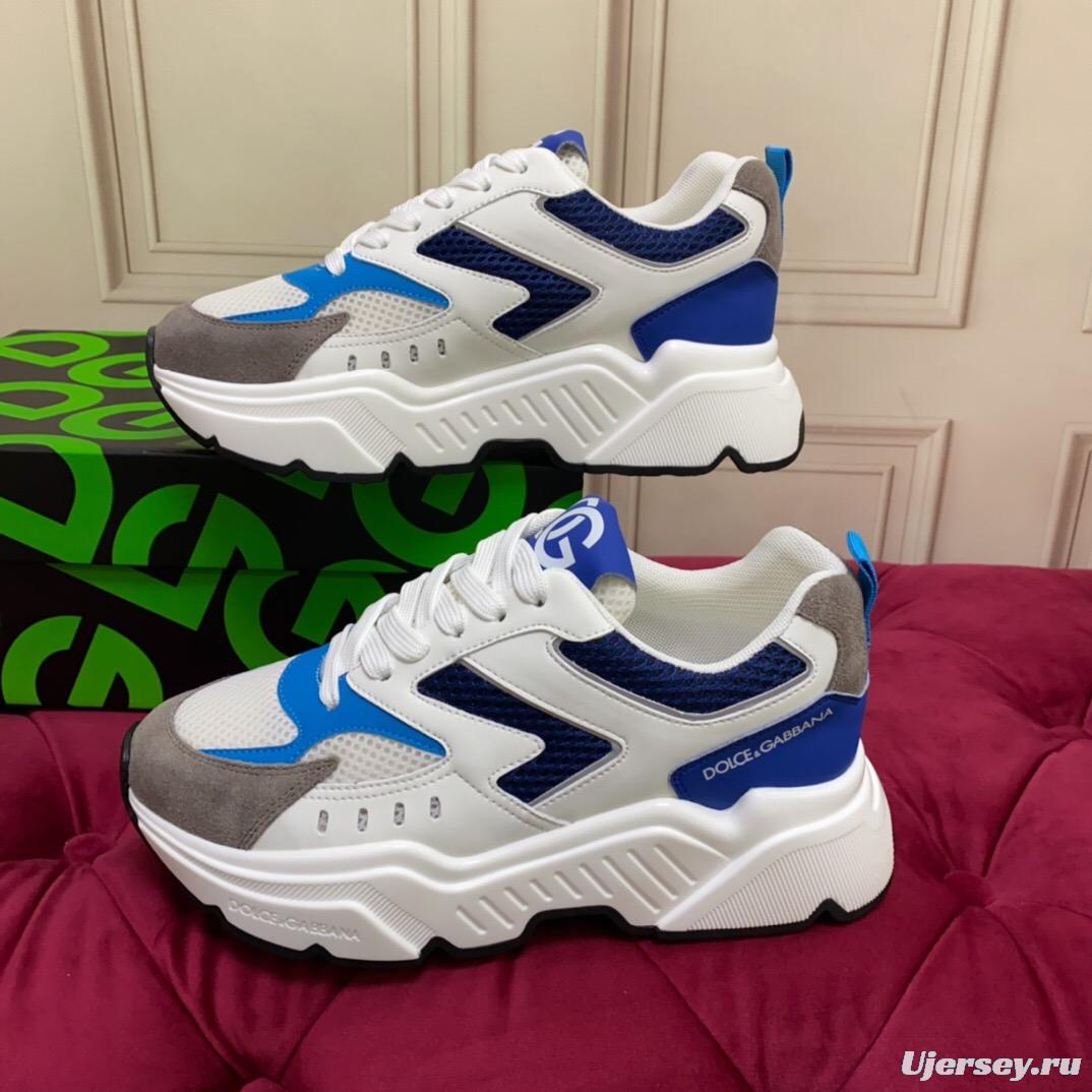2025 Unisex Dolce & Gabbana White Blue Grey Mesh Leather Sneakers LY00330(F)/LY00340(M)