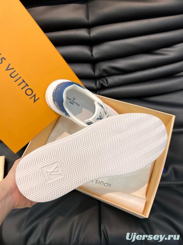 2024 Men Louis Vuitton White Blue Mesh Leather Sneakers MJ00400