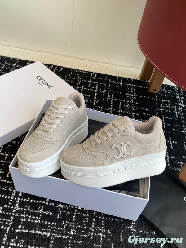 2025 Women Celine Beige Suede Platform Sneakers CELINE Embroidery