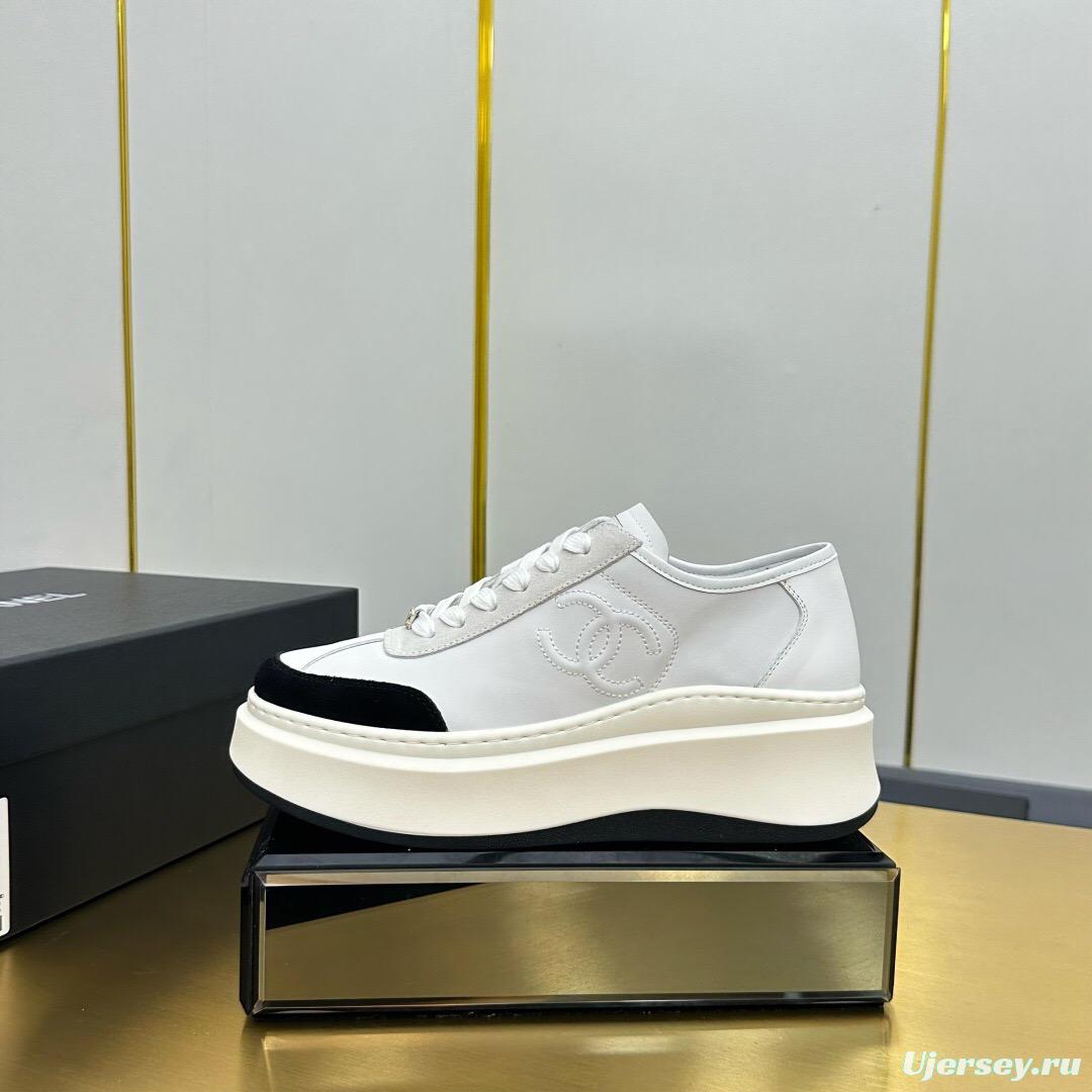 2025 Women Chanel White Black Leather Sneakers Platform Sole