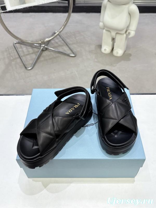 2025 Women Prada Black Leather Sandals